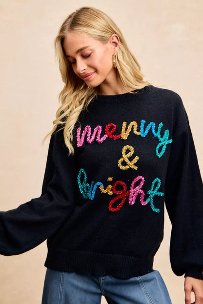 "Merry & Bright" Lettering Christmas Sweater | Trendy Sweaters Outfit Idea for Women by Ro + Ivy | Elevated Basics, Modern Comfort & Style
