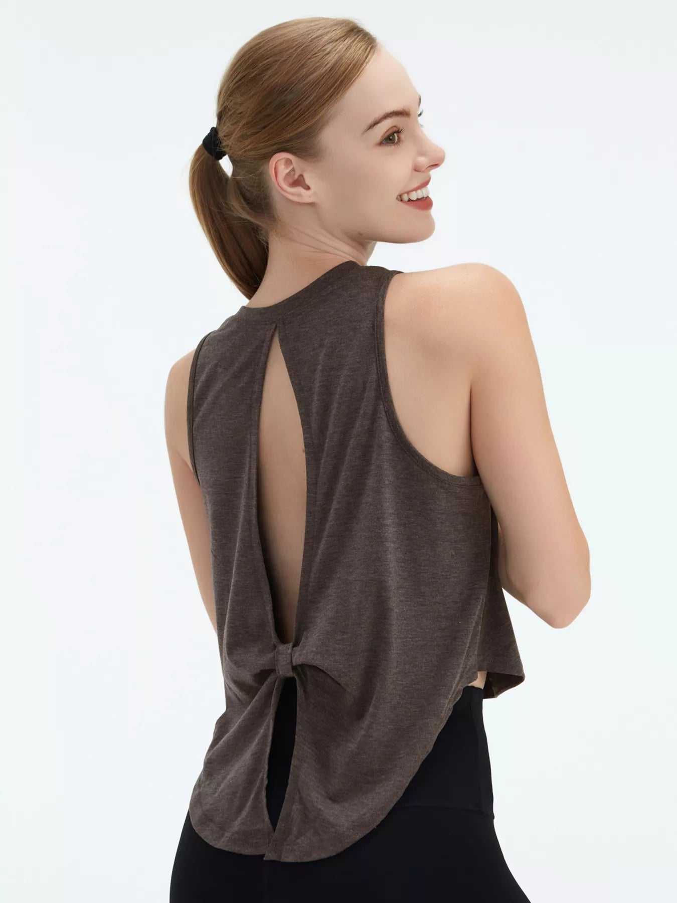 Back Cutout Round Neck Activewear Tank Dark Gray