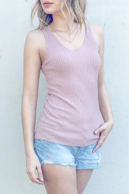 Ribbed Knit Slim Tank Top - Tank Tops