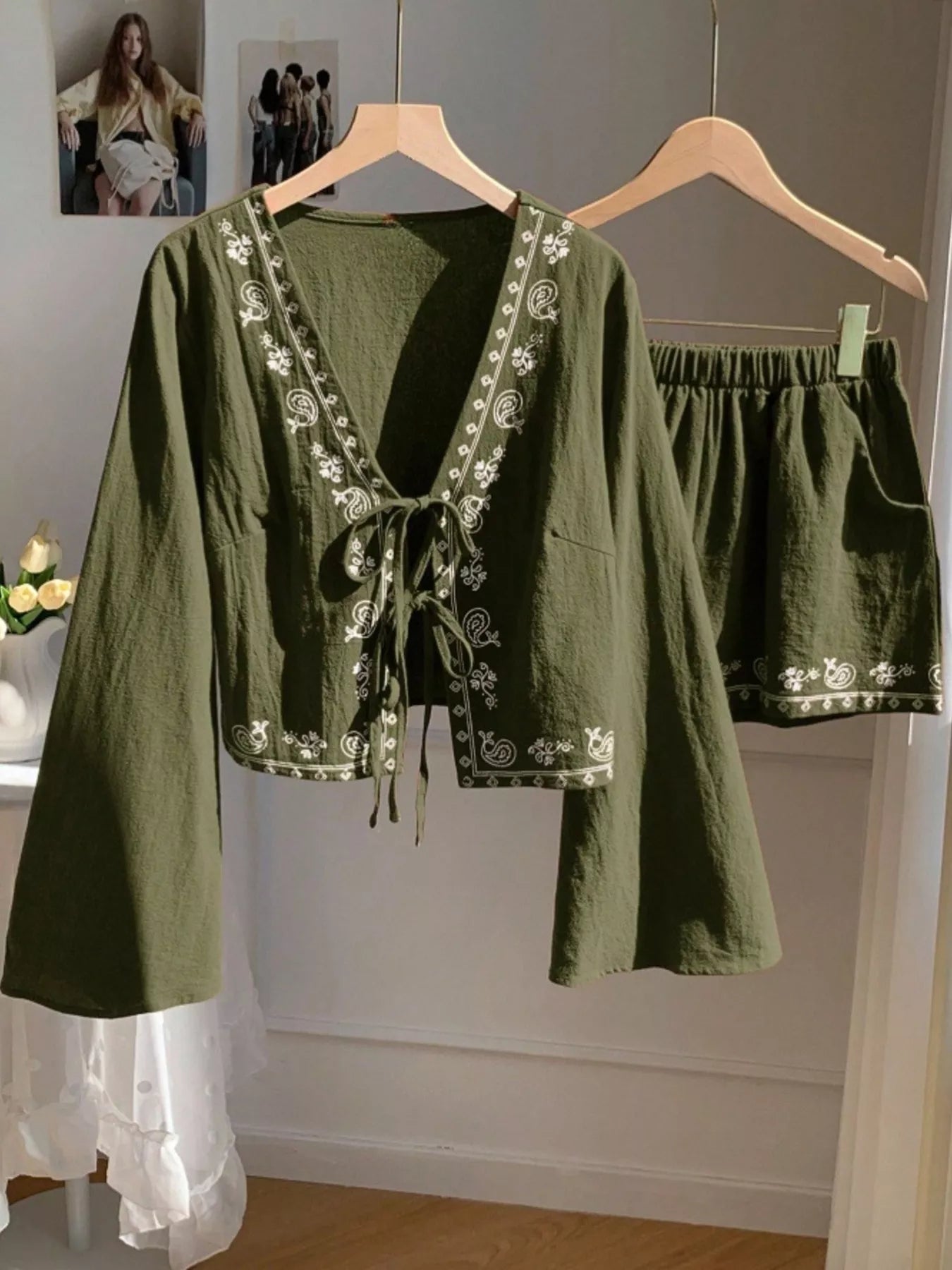 Women's Embroidered Tie Front Top and Shorts Set - Matching Sets
