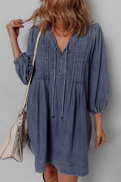 Tie Neck Long Sleeve Mini Denim Dress - Mini Dresses