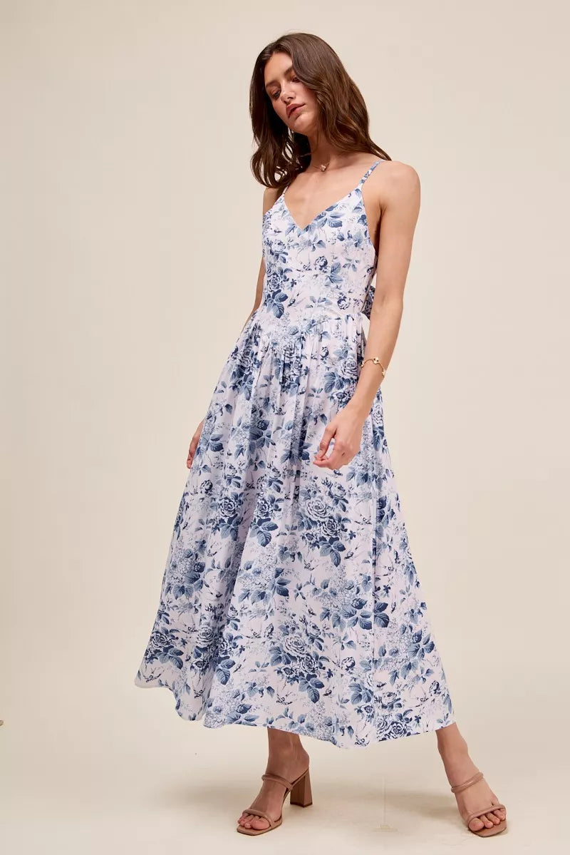 Floral Woven V-Neck Back Ribbon Tie Midi Dress — Romantic Adjustable Feminine Everyday Style - Midi Dresses