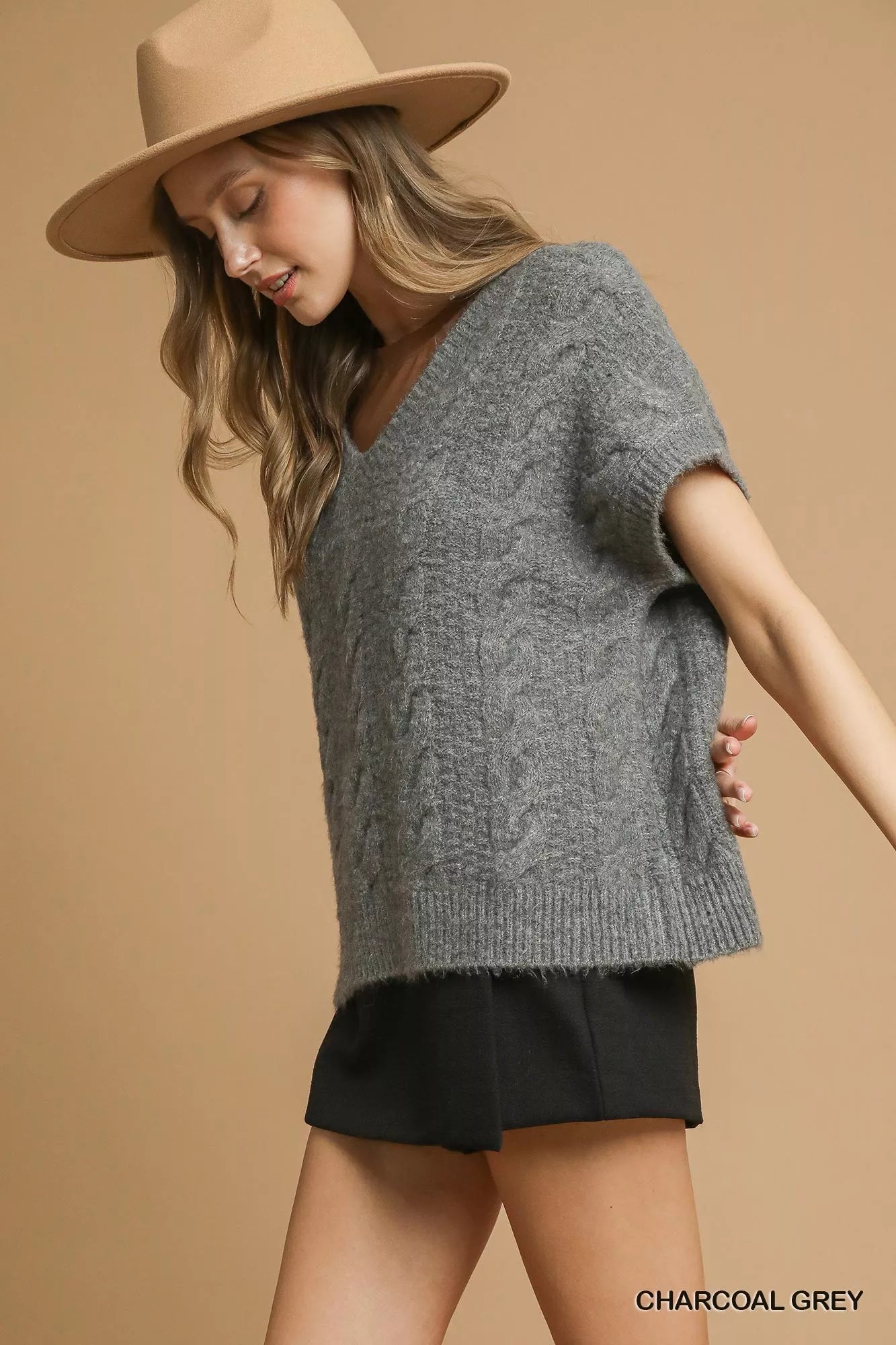 Cable-Knit Short Sleeve V-Neck Sweater | Trendy Sweaters Outfit Idea for Women by Ro + Ivy | Elevated Basics, Modern Comfort & Style