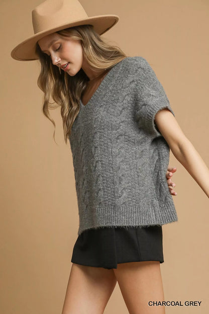Cable-Knit Short Sleeve V-Neck Sweater | Trendy Sweaters Outfit Idea for Women by Ro + Ivy | Elevated Basics, Modern Comfort & Style