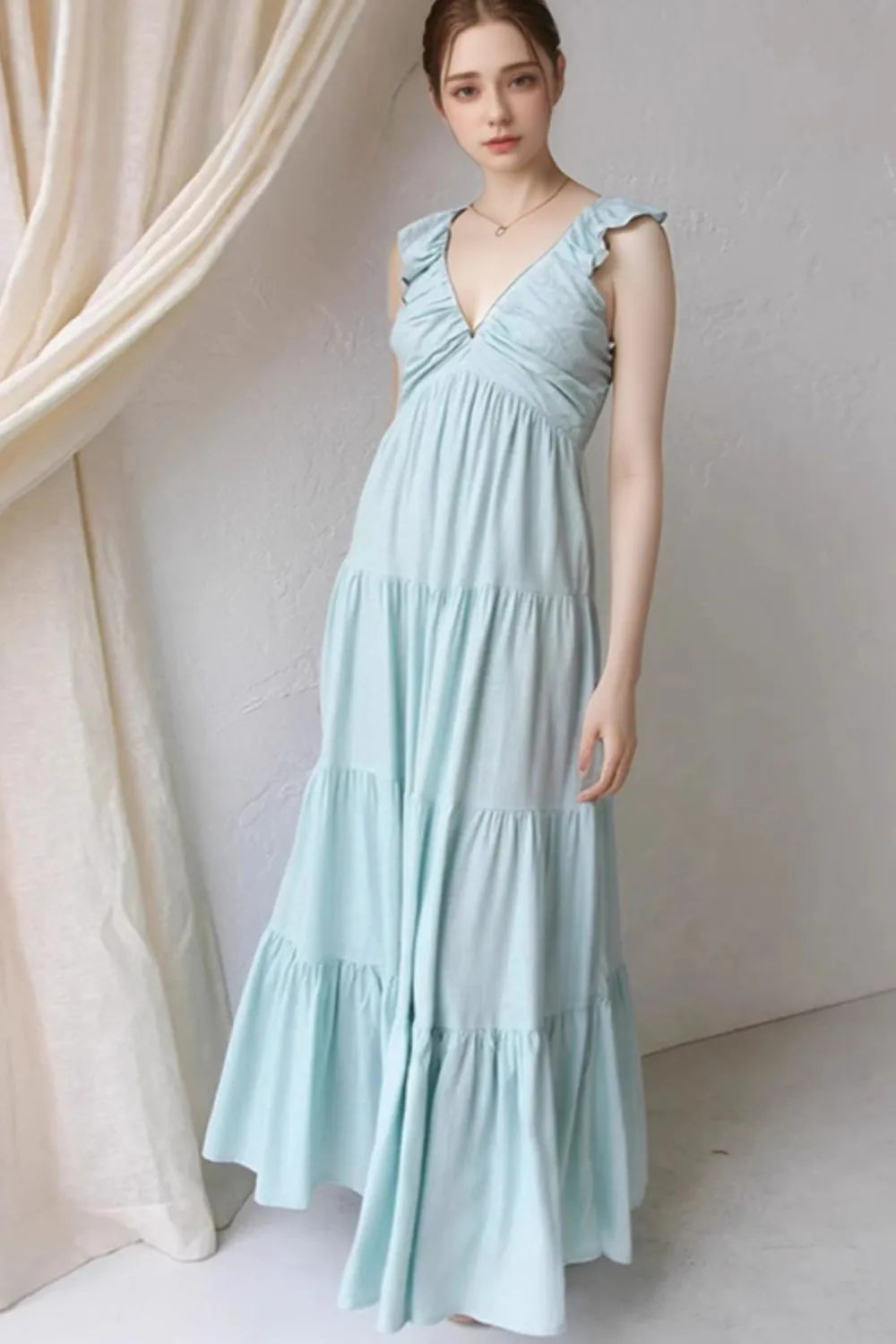 Women's Ruffled V-Neck Tiered Maxi Dress - Maxi Dresses