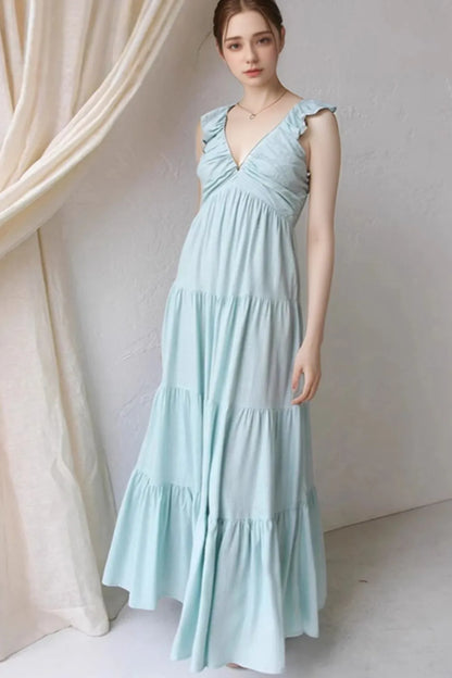 Women's Ruffled V-Neck Tiered Maxi Dress - Maxi Dresses