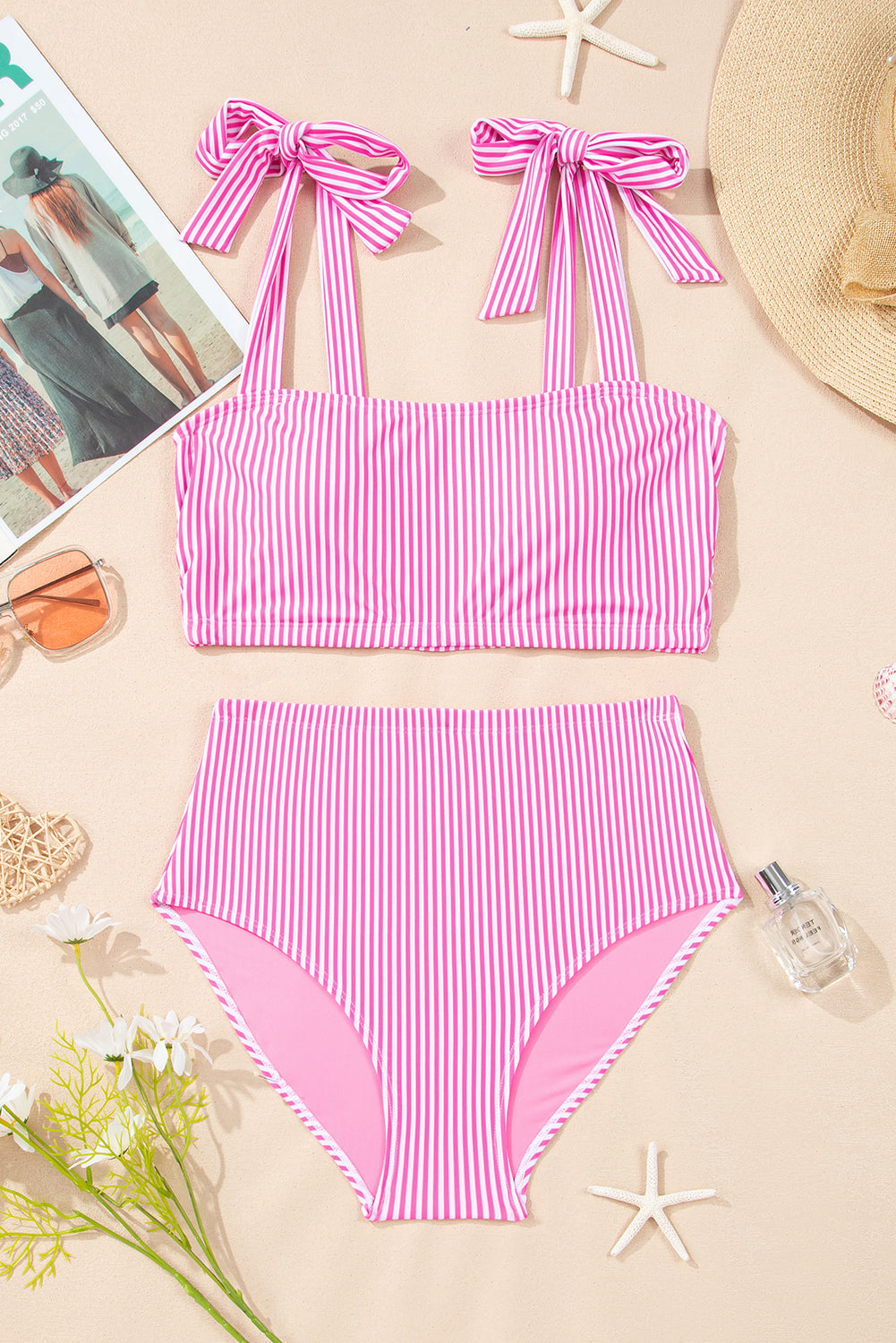 Stripe Knot Tie Strap High-Waist Bikini Set — Breathable Fabric Flattering Beach Style - Bikinis