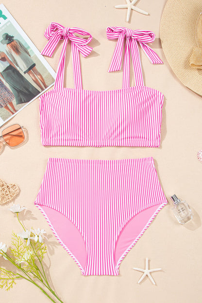 Stripe Knot Tie Strap High-Waist Bikini Set — Breathable Fabric Flattering Beach Style - Bikinis