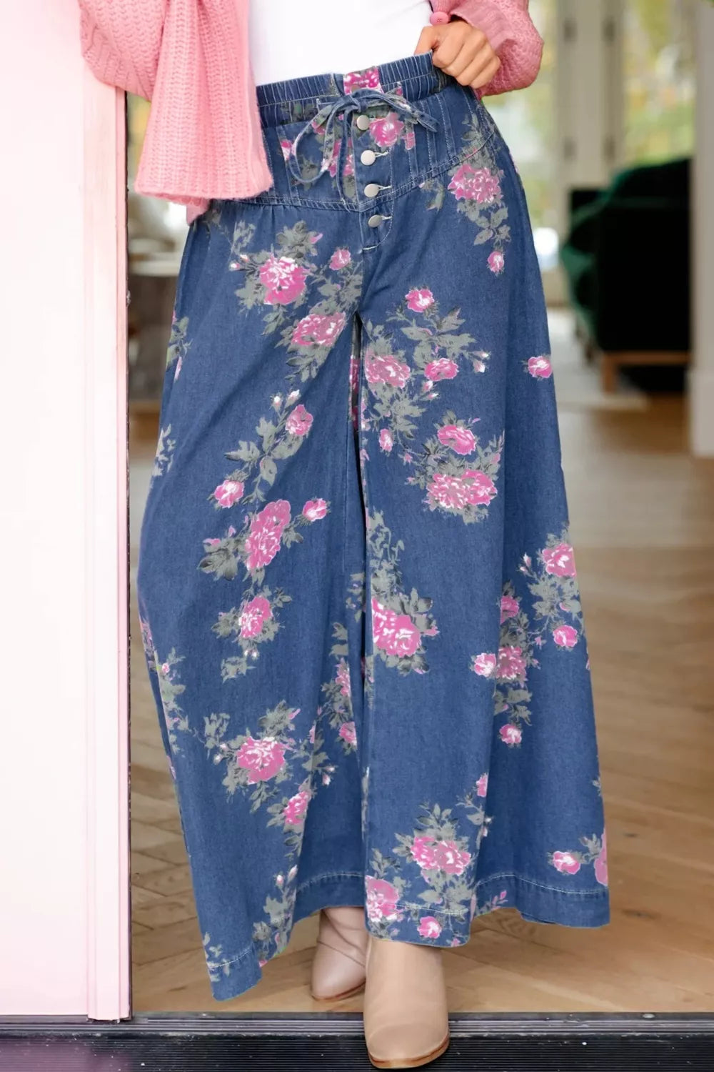 Women's Floral Print Wide Leg Jeans - Jeans