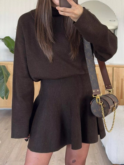 Women's Round Neck Long Sleeve Mini Sweater Dress - Brown Sweater Dresses