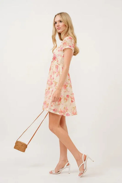 Square Neck Tiered Floral Fishnet Mini Dress – outfit idea for women | Ro + Ivy