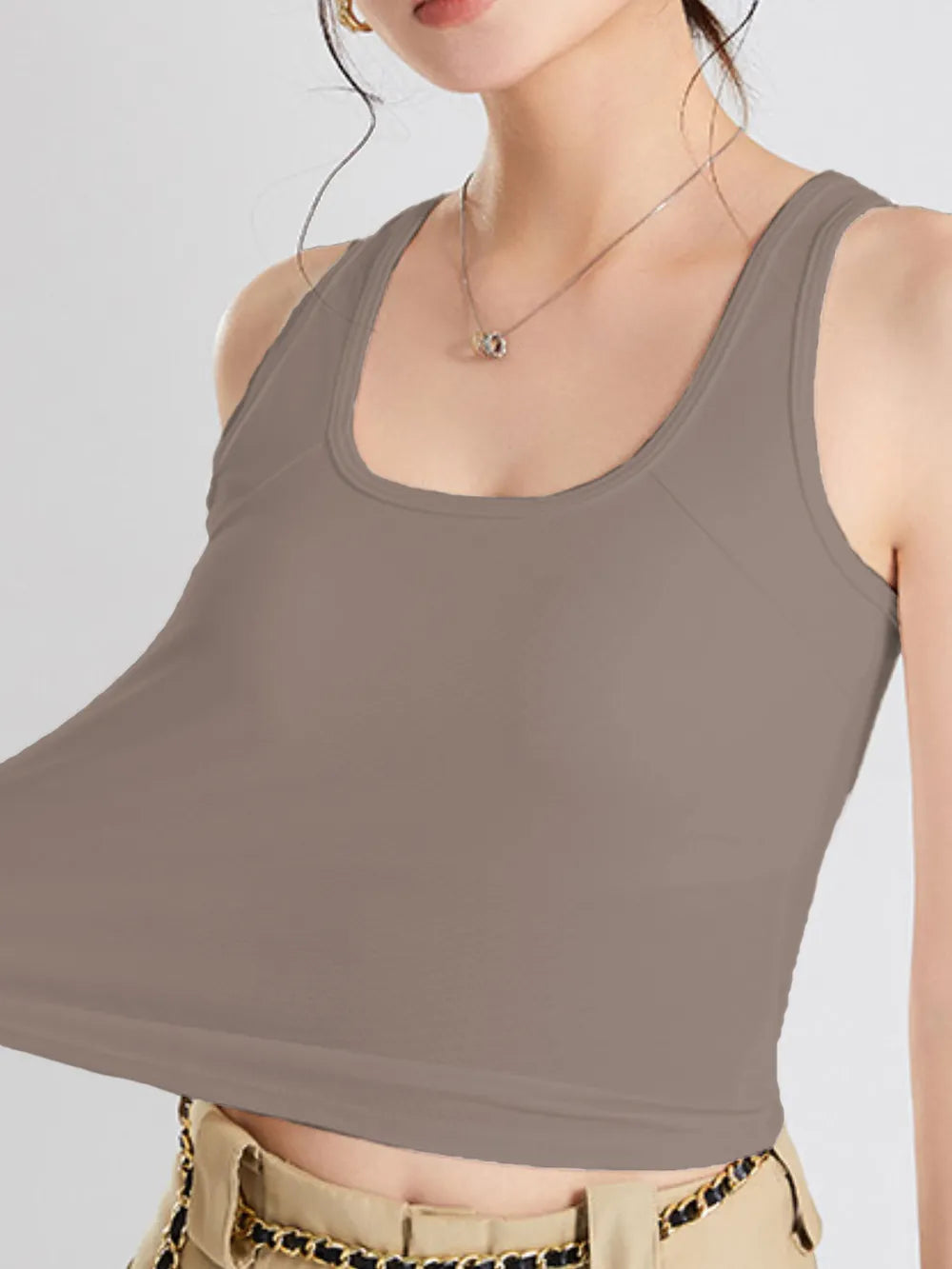 Women's Crisscross Scoop Neck Wide Strap Cropped Tank, Built-In Chest Pads - Mocha Crop Tops