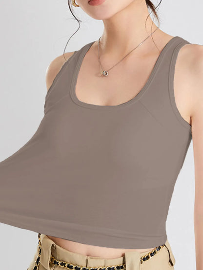 Women's Crisscross Scoop Neck Wide Strap Cropped Tank, Built-In Chest Pads - Mocha Crop Tops