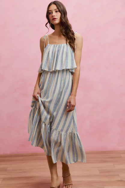 Women's Striped Tiered Shoulder Tie Midi Dress - Midi Dresses