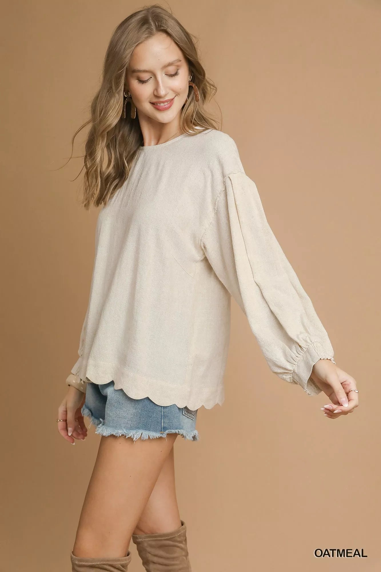 Scallop Hem Cotton-Linen Long Sleeve Blouse - Blouses