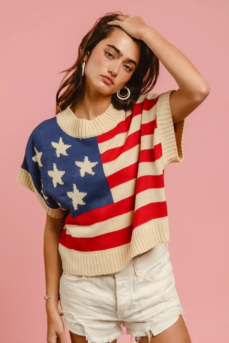 Star Patches American Flag Sleeveless Knit Sweater — Patriotic Festive Cozy Statement Style - Sweaters