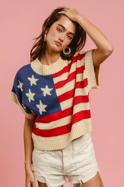 Star Patches American Flag Sleeveless Knit Sweater — Patriotic Festive Cozy Statement Style - Sweaters