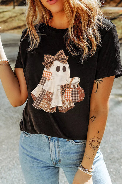 Halloween Plaid Ghost Applique Short Sleeve T-Shirt