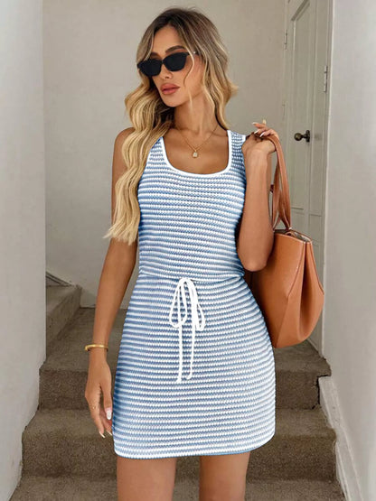 Women's Flowy Striped Knit Mini Dress with Drawstring - Mini Dresses
