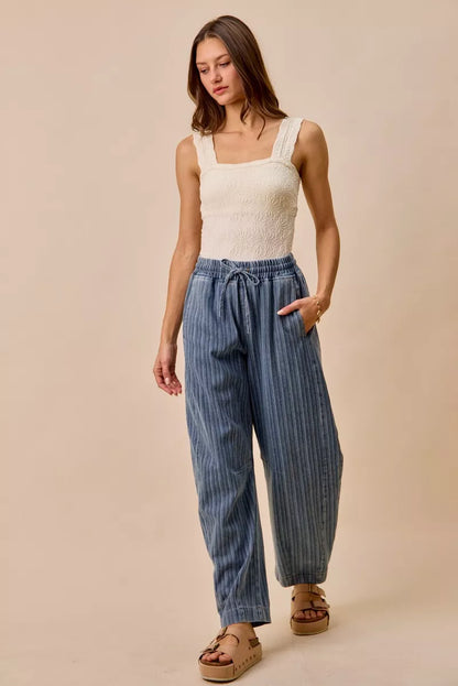 Stripe Denim Barrel Jeans Drawstring Waistband | Trendy Jeans Outfit Idea for Women by Ro + Ivy | Elevated Basics, Modern Comfort & Style
