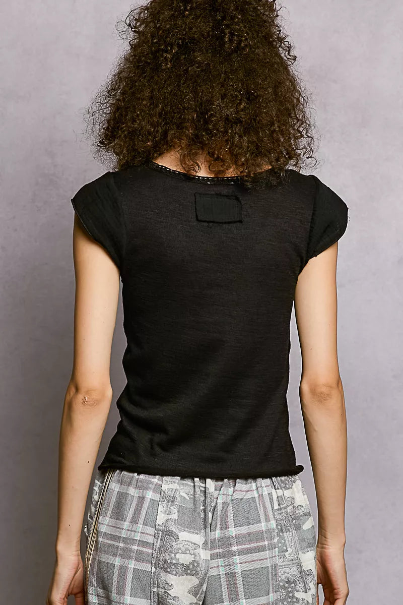 Lightweight Cotton Textured Short Sleeve V Neck Top With Lace Trim