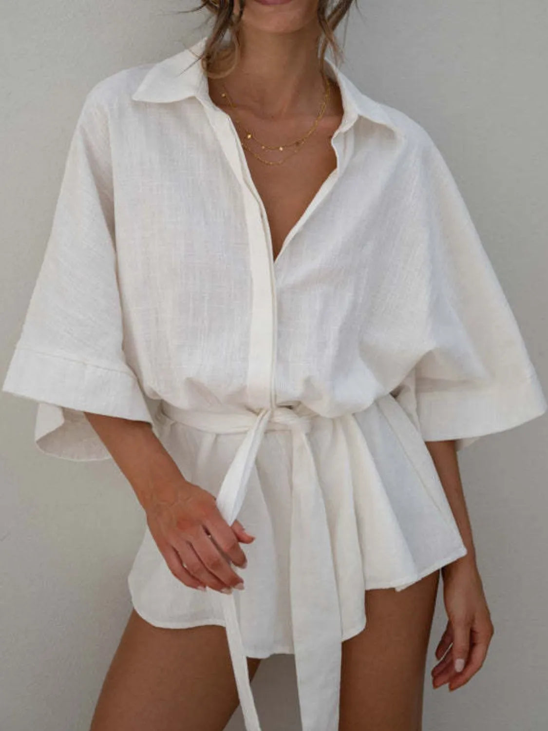 Button Up Collard Neck Half Sleeve Romper with Tie Front - White Rompers