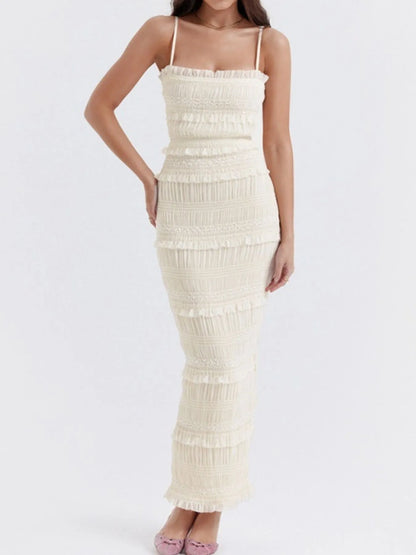 Frill Tiered Textured Maxi Cami Dress - Ivory White Maxi Dresses