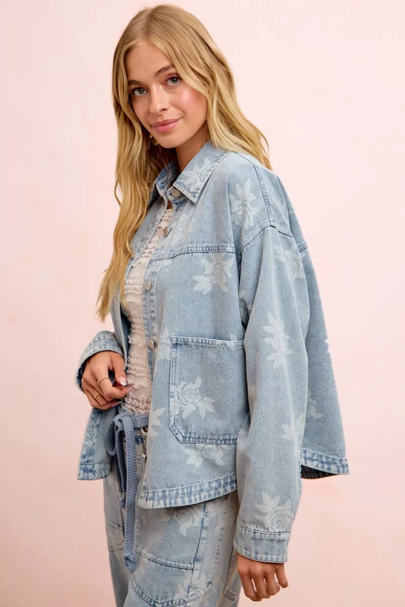 Women's Printed Washed Denim Jacket with Pocket - Jackets