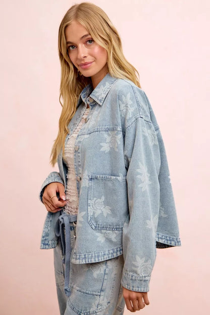 Women's Printed Washed Denim Jacket with Pocket - Jackets