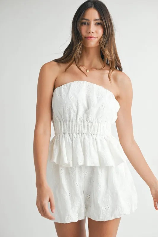 Floral Eyelet Lace Tube Top And Short Set – outfit idea for women | Ro + Ivy