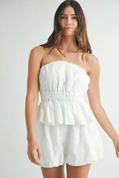 Floral Eyelet Lace Tube Top And Short Set – outfit idea for women | Ro + Ivy