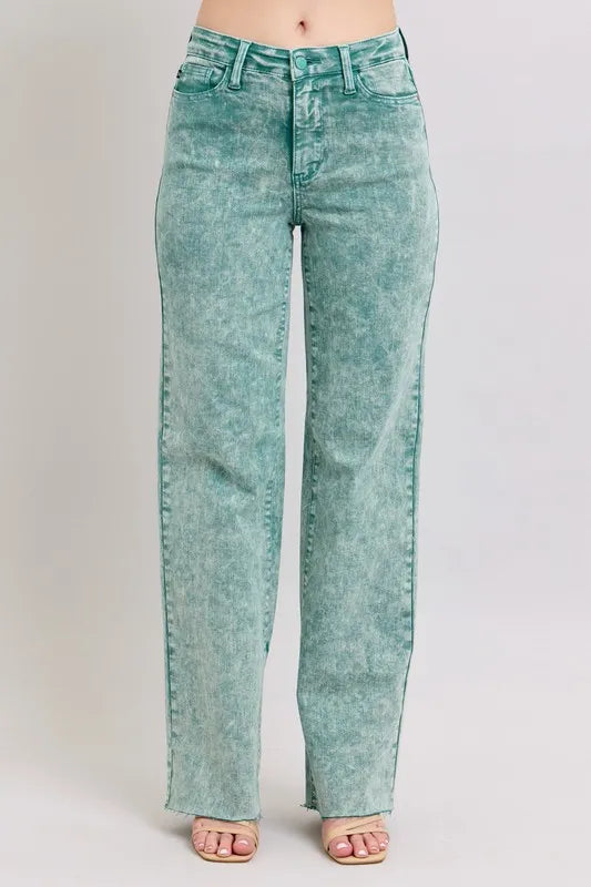 Full Size High Waist Garment Dyed Raw Hem Dad Jean Plus Size – SEA GREEN outfit idea for women | Ro + Ivy
