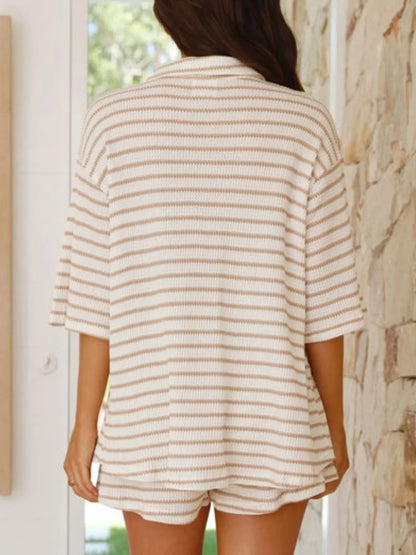 Striped Half Sleeve Top and Shorts Loungewear Set - Loungewear Sets