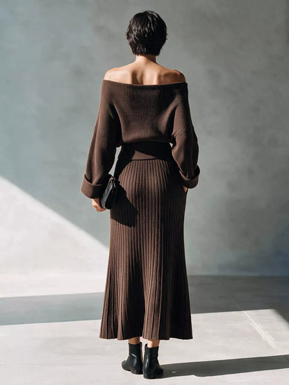 Off-Shoulder Ribbed Knit Two-Piece Top and Skirt Set