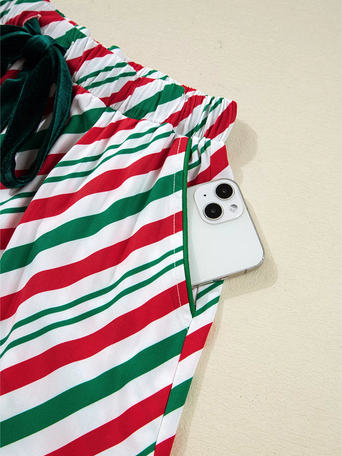 Striped Christmas Pajama Set with Velvet Ribbon Knots and Button-Front Top