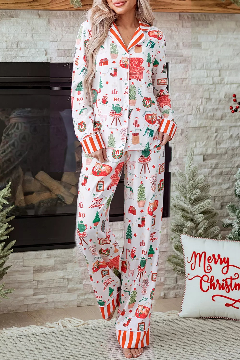 Striped Holiday Two-Piece Lounge Set with Button-Front Top and Matching Pants