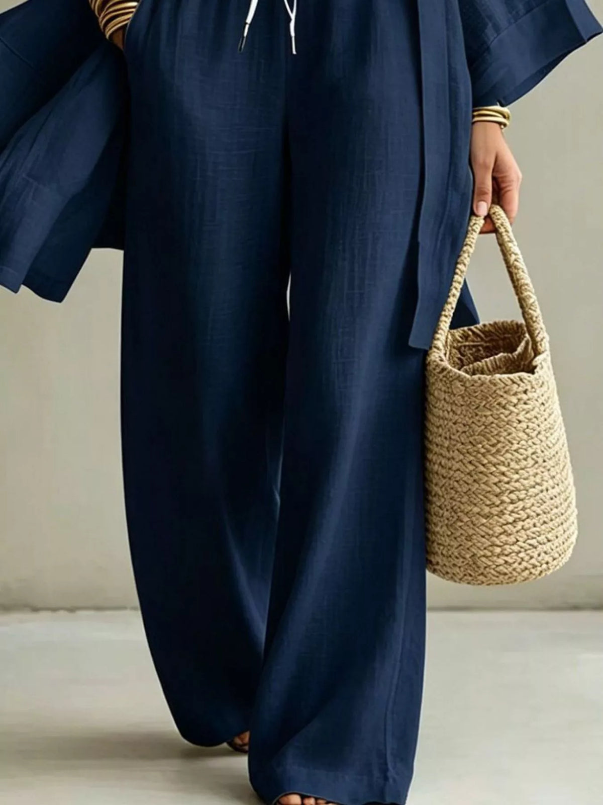 Three-Piece Lounge Set with V-Neck Top, Open Cardigan and Drawstring Pants