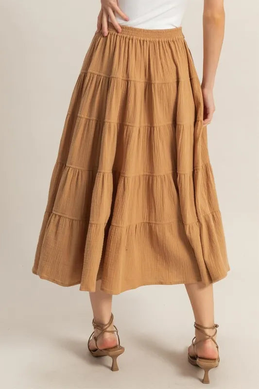 Double Gauze Tiered Midi Skirt With Pockets – outfit idea for women | Ro + Ivy