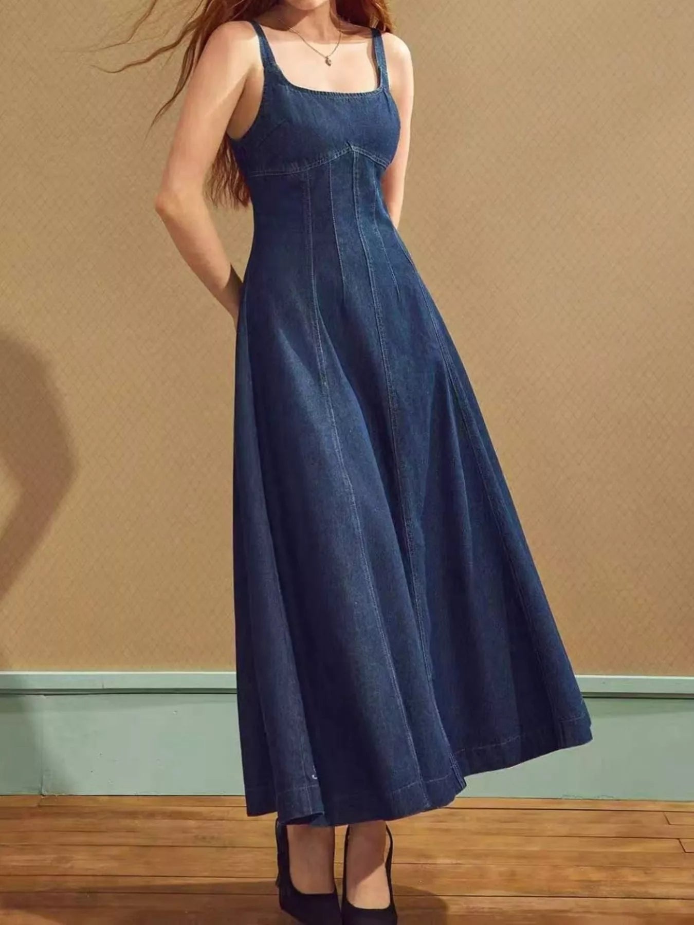 Women's Square Neck A-Line Denim Maxi Dress - Maxi Dresses
