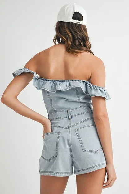 Off Shoulder Ruffle Detail Denim Romper - Rompers