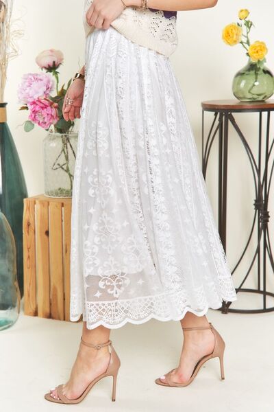 Elastic Waist Lace Midi Skirt in White - Ro + Ivy