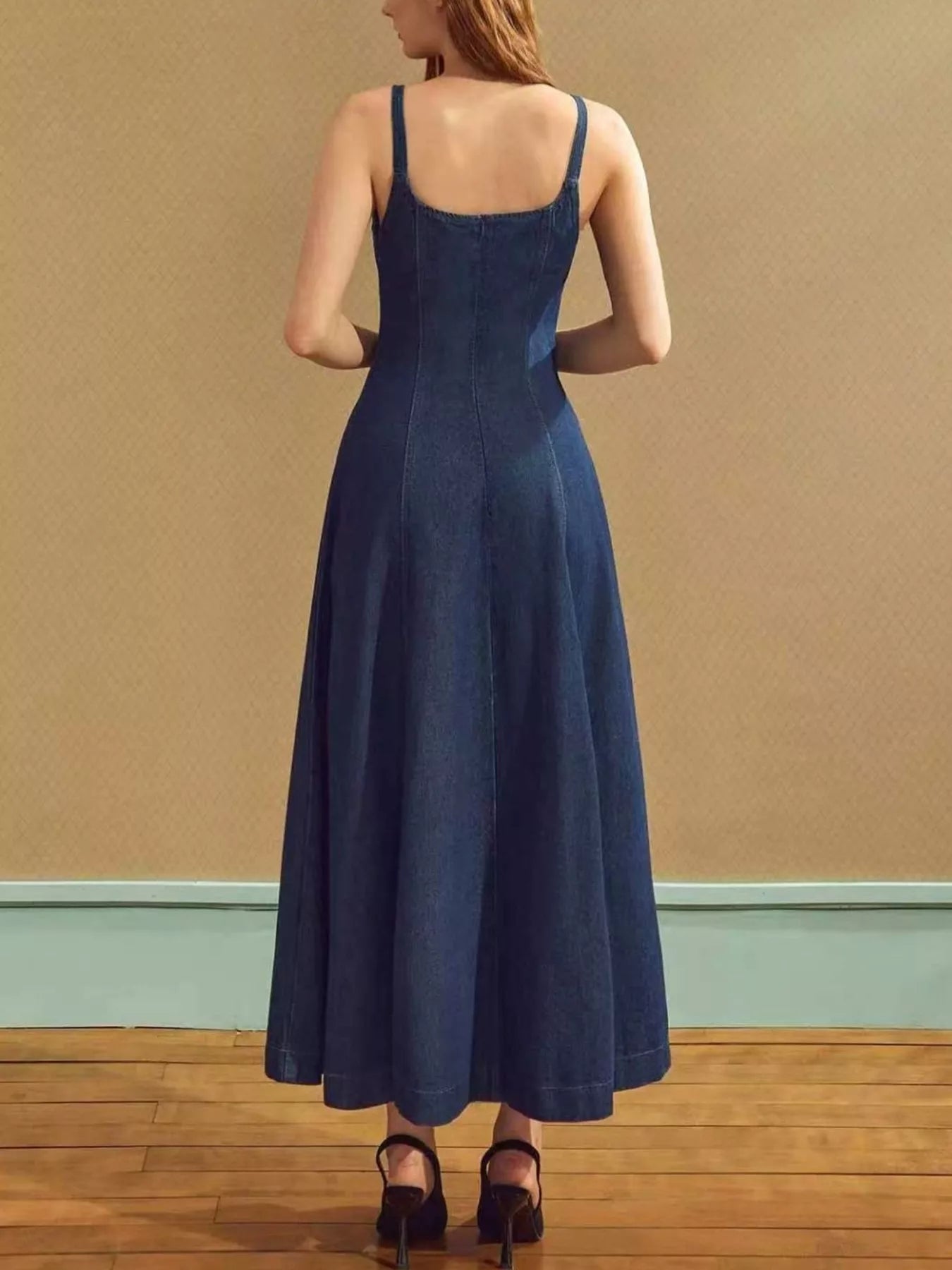 Women's Square Neck A-Line Denim Maxi Dress - Maxi Dresses