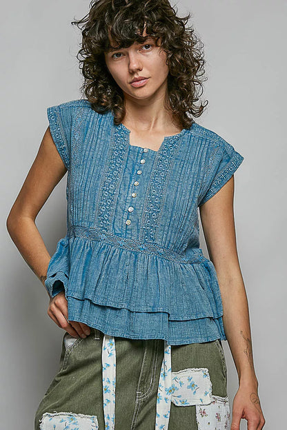 Women's Eyelet Embroidered Pintuck Cotton Blouse - Blouses
