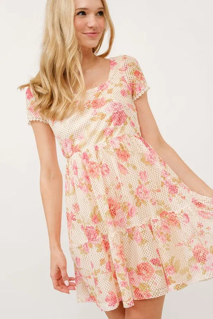 Square Neck Tiered Floral Fishnet Mini Dress – outfit idea for women | Ro + Ivy