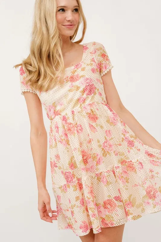 Square Neck Tiered Floral Fishnet Mini Dress – outfit idea for women | Ro + Ivy