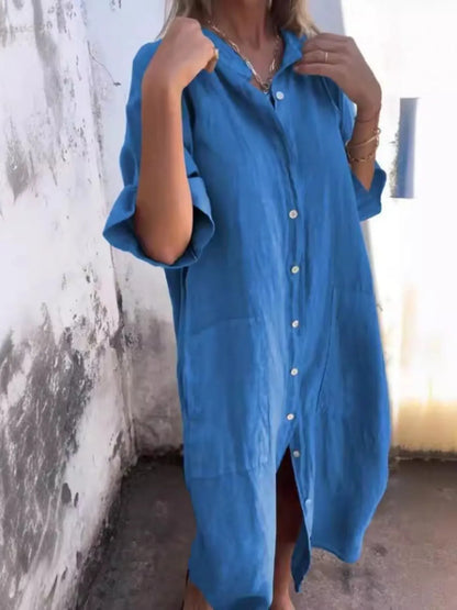 Women's Linen Button Down Shirt Mini Dress - Blue Mini Dresses