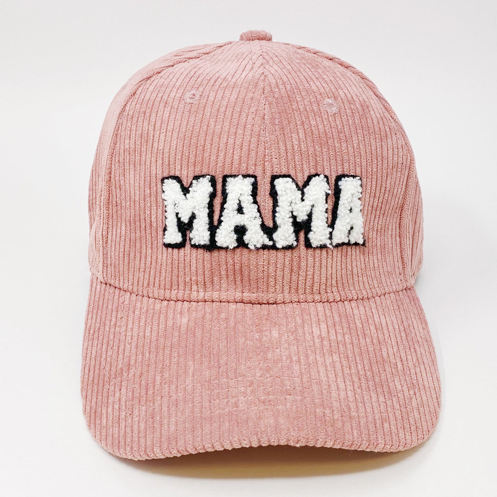 Corduroy MAMA Baseball Cap — Fuzzy Patch Letter Curved Brim Adjustable Fit - Pink Baseball Caps