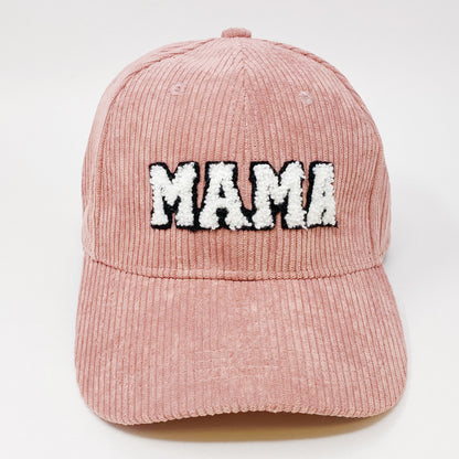 Corduroy MAMA Baseball Cap — Fuzzy Patch Letter Curved Brim Adjustable Fit - Pink Baseball Caps