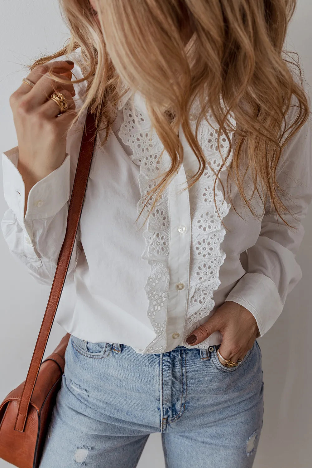 Eyelet Button Down Long Sleeve Shirt - Shirts