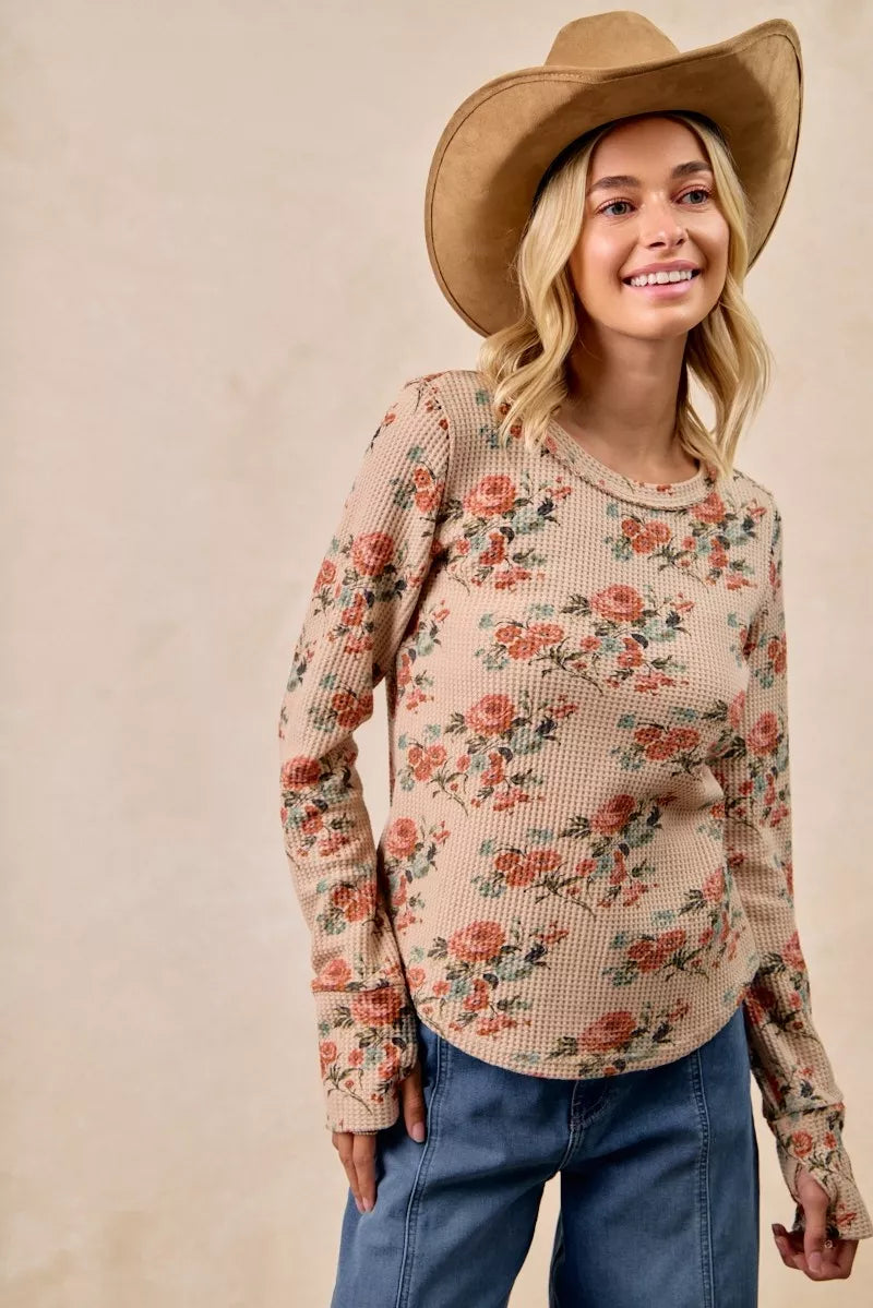 Taupe Washed Floral Long Sleeve Waffle Thermal Top with Sleeve Thumb Hole | Trendy Tops Outfit Idea for Women by Ro + Ivy | Elevated Basics, Modern Comfort & Style